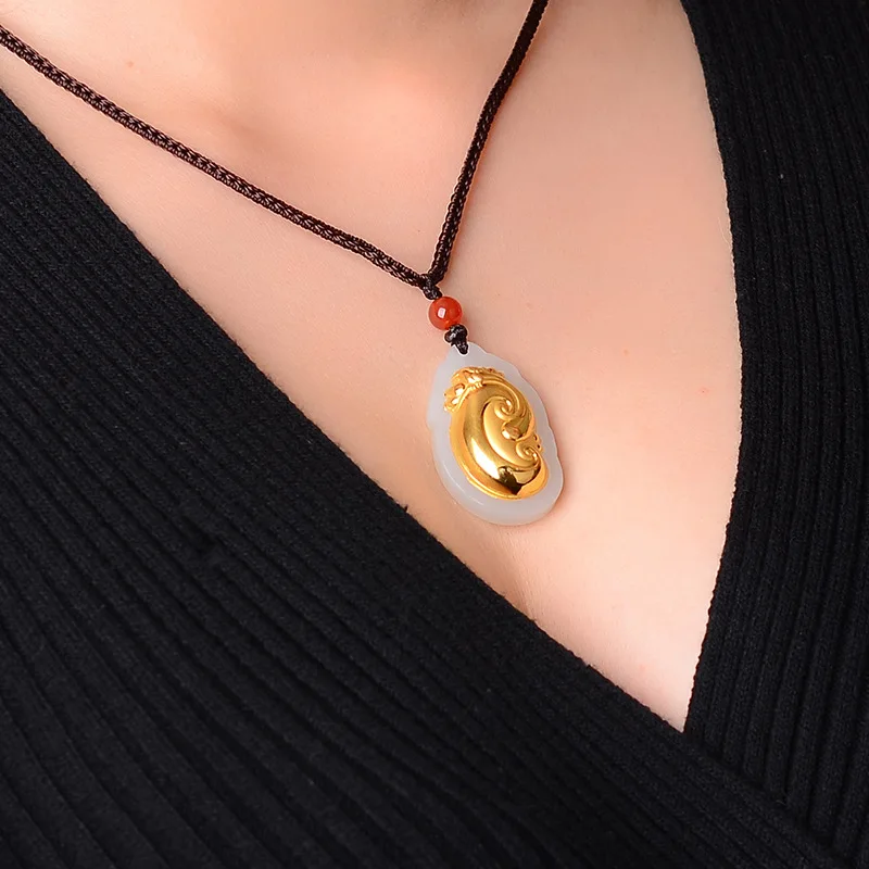 -Inlaid Ruyi , 3D Solid Hetian , Unisex Gold Jade Pendant