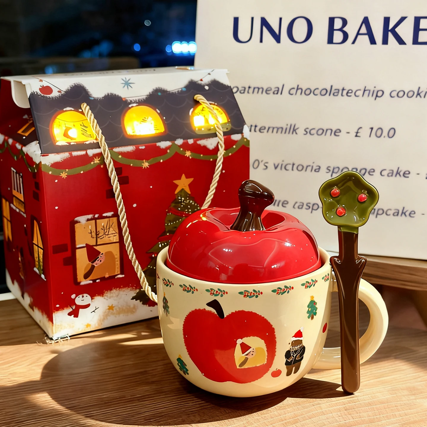 Cute Christmas Apple Ceramic Mug, Gift Box with Lid Spoon Kawaii Cup, High-quality Milk Coffee Mugs, Birthday Gift Tea Cup,420ml