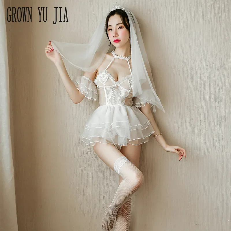 

Сексуальное женское белое свадебное платье невесты, эротические костюмы для косплея, кружевная юбка, сексуальное белье, ажурные чулки, комплект порно униформы невесты