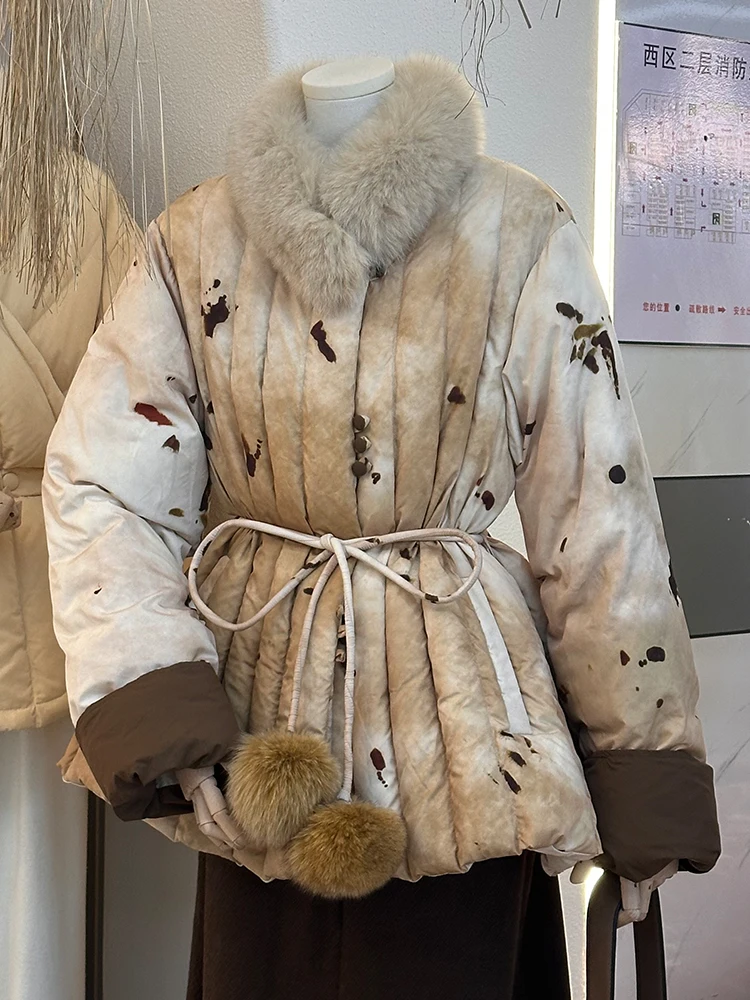 New Chinese style contrasting lace up waist fairy fox fur collar ball design middle long white duck down jacket for women