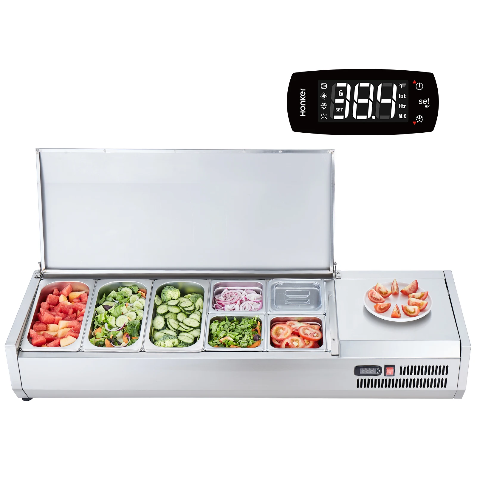 SucceBuy Refrigerated Condiment Prep Station with 3 1/3 Pans&4 1/6 Pans 304 Stainless Body and PC Lid with Stainless Guard ETL