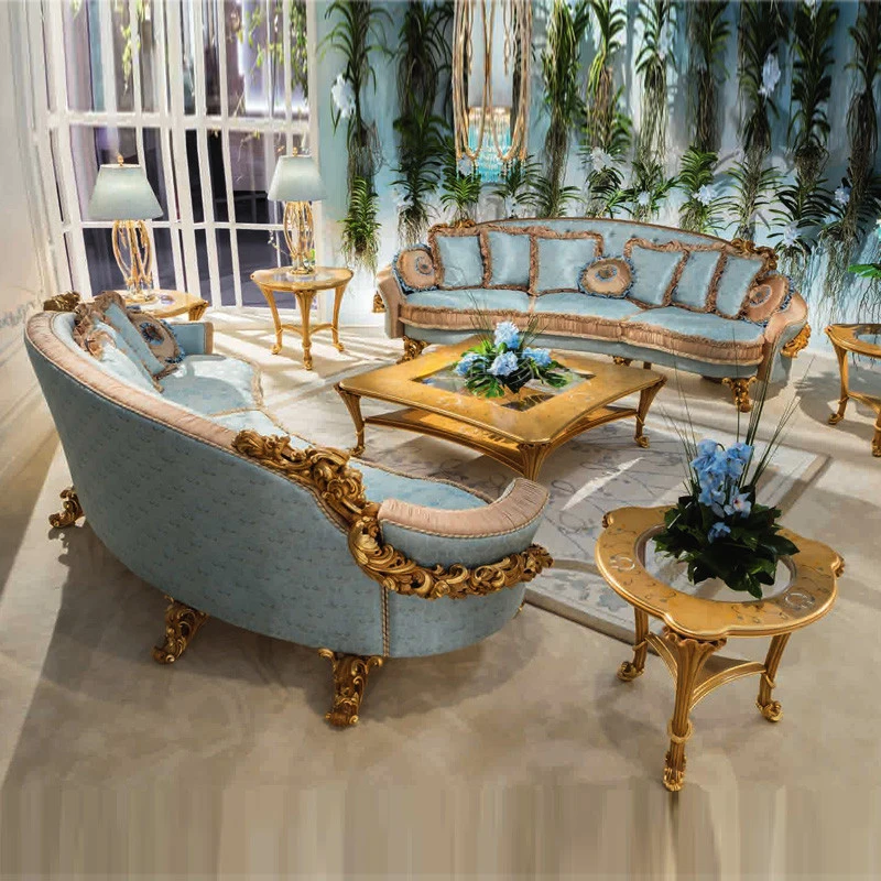 !@European Style Classic Solid Wood Carved Fabric French 3 Seater Sofa Luxury Living Room Couch Set Design Home Furniture