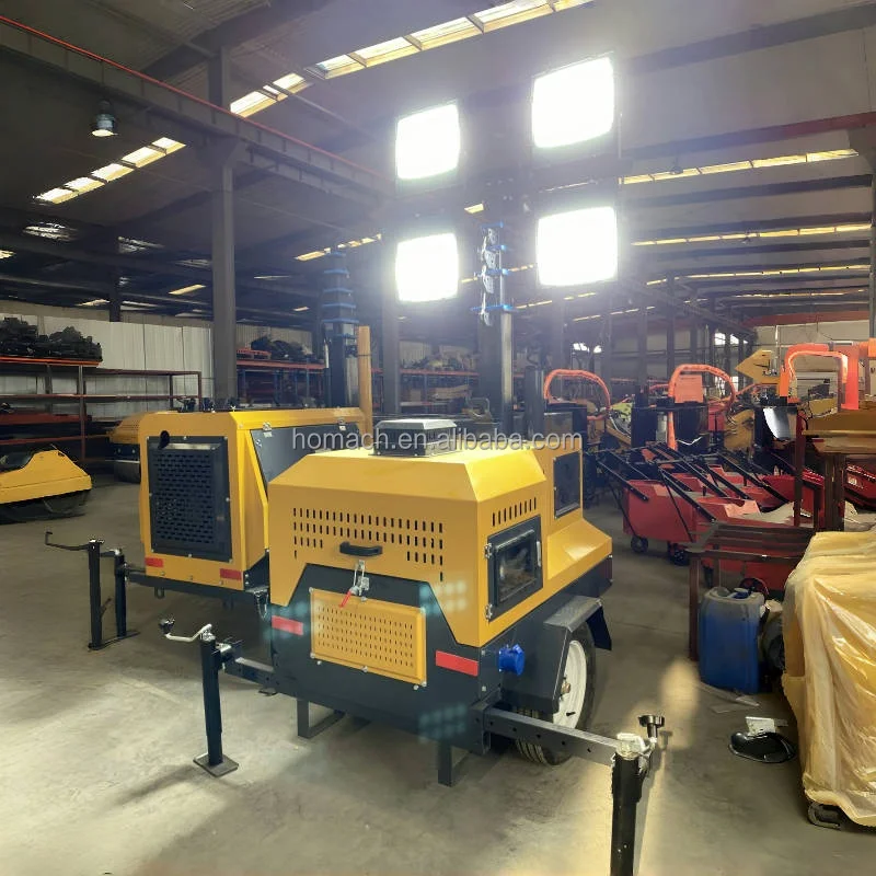 7M Diesel Generator with 4x400W Mobile LED Light Tower Telescopic Mast Portable AC Outdoor Lighting Tower White Emission Trailer