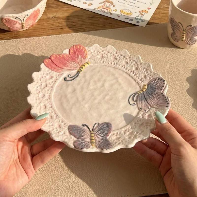 Ins8 Inch Plate Household Premium Shallow Plate Relief Ceramic Tableware New Retro Cake Dessert Plate Photo Prop Тарелка