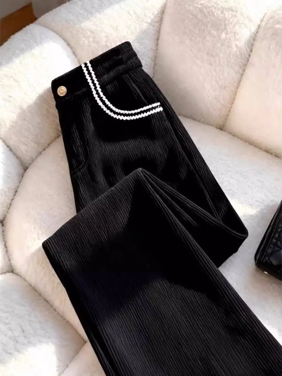 

Harajuku черные вельветовые широкие брюки с рюшами женские зимние утолщенные флисовые подкладки удобные прямые офисные брюки длиной до пола