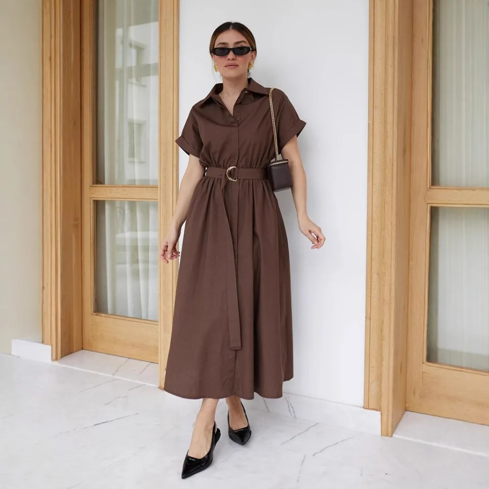 Spring and Summer Women's Cotton Short Sleeved Shirt Dress Elegant Solid Soft Daily Office Travel Beach Vacation Casual Dress