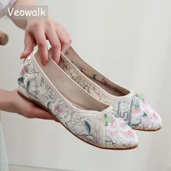 Veowalk Chinese Jacquard Cotton Embroidered Women Pointed Toe Slip On Ballt Flats Soft Light Casual Walking Shoes for Eld Ladies