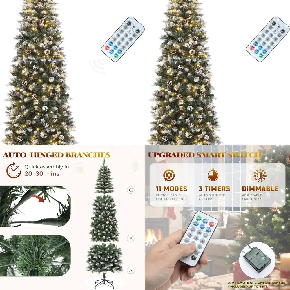 

7.5-Foot Pre-Decorated Frosted Pencil Christmas Tree with 1075 Tips, 68 Pine Cones, 350 Lights, 11 Modes