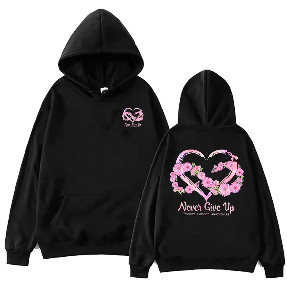 Breast Cancer Awareness Floral Heart Graphic Sweatshirt Pink Ribbon Breast Cancer Support Outfit Trendy Autumn Streetwear Hooded
