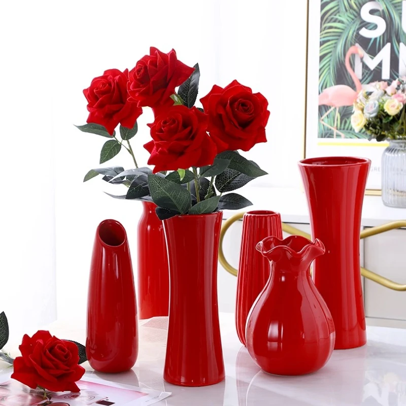 

New Red Ceramic Vase High-end Wedding Supplies Living Room and Office Desk Decoration Flower Planter Vase Decor