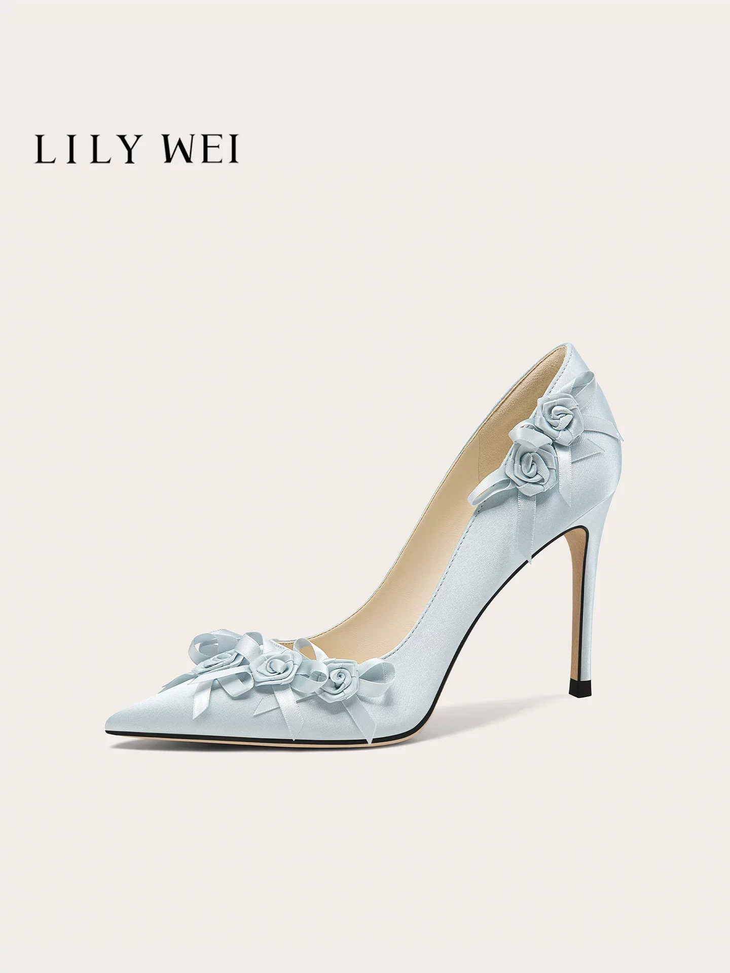 Spring new pointed shallow mouth silk ribbon flower wedding shoes banquet large size small size widened high heels women's shoes