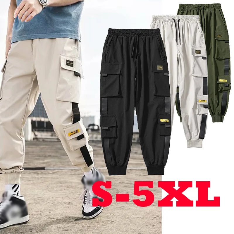 

2024 Men and Women Cargo Pants Casual Three Colors Multiple Pockets Hip Hop Trousers Streetwear Ribbons Sweatpants