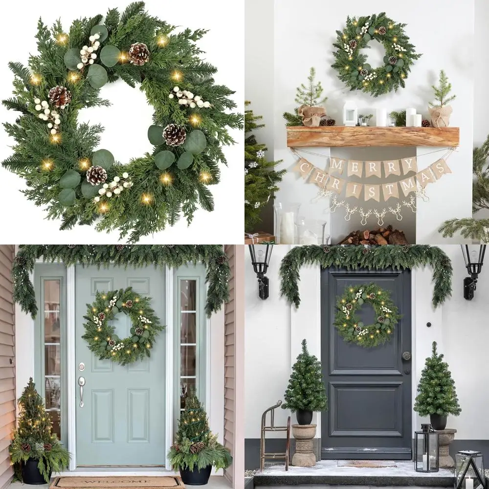

24-настоящий сенсорный сосновый венок с белыми ягодами и сосновыми шишками, предварительно освещенный для наружного/внутреннего рождественского декора