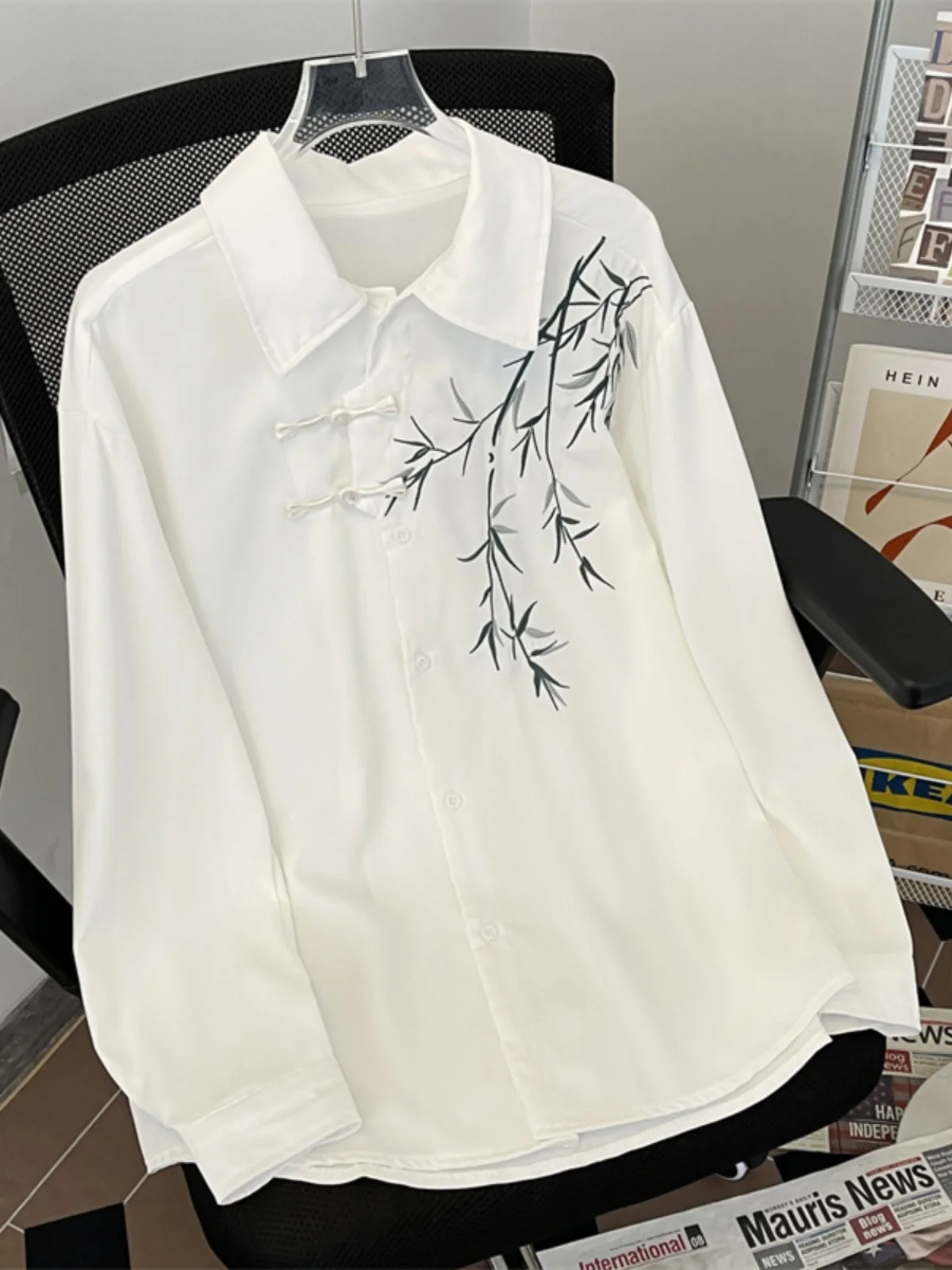 

New Chinese Style Long Sleeve Shirt Men's Design Loose Trendy Bamboo Embroidery Jacket Youth Culture Four Seasons Wear