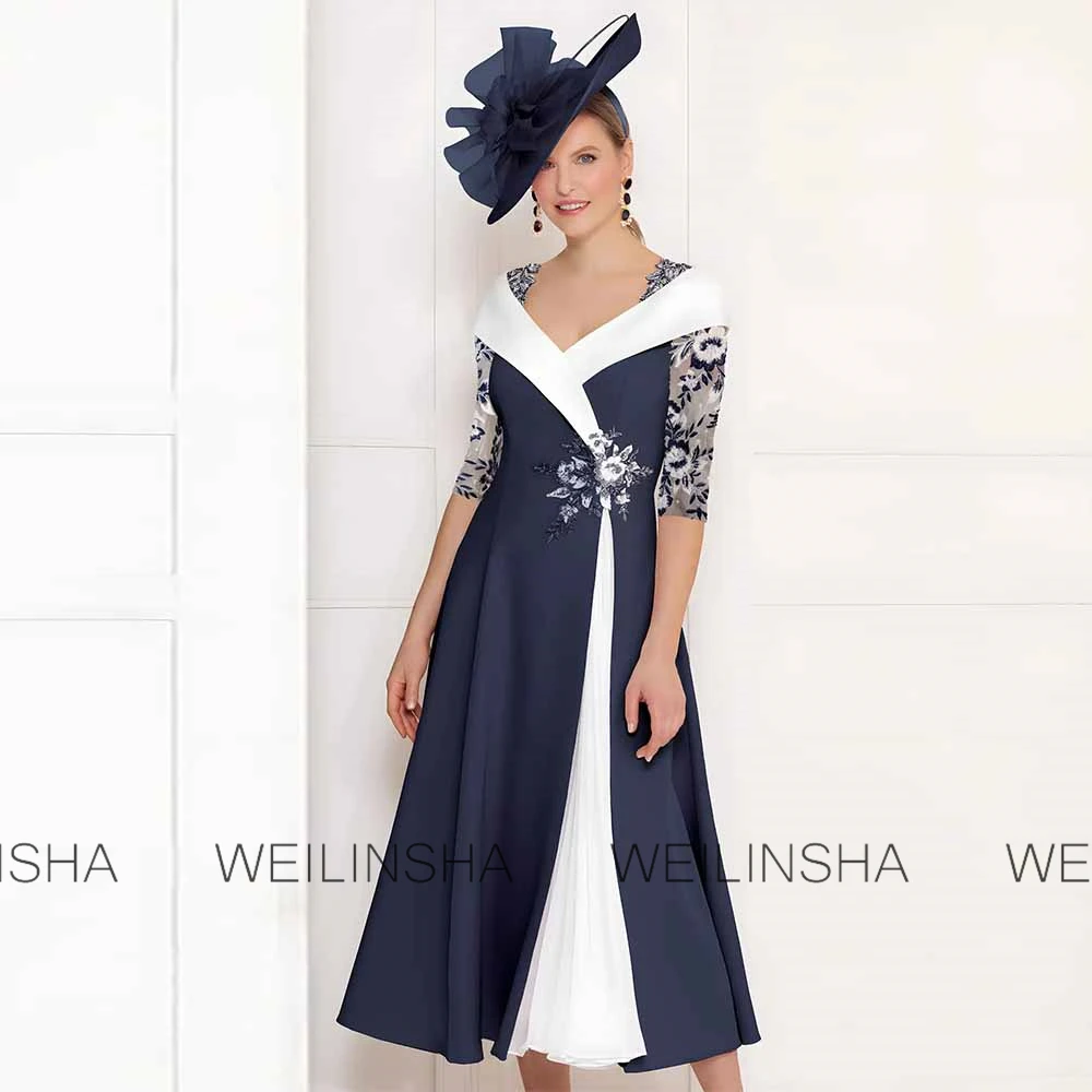 Customized Wedding Guest Dresses A-line V-neck Mother of the Bride Dress Navy Blue Applique Contrast Color Formal Gowns Midi image 3