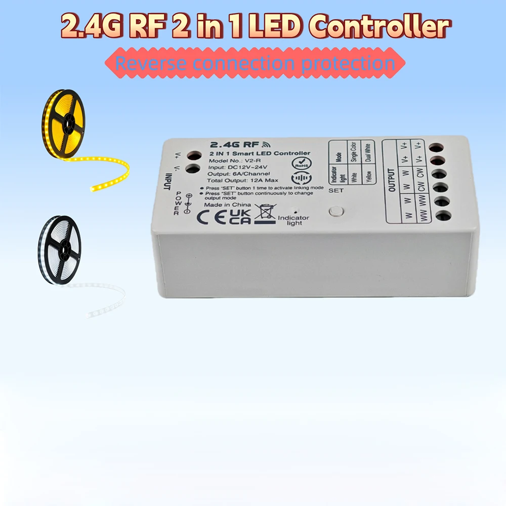 DC12-24V 12A 2.4GHz RF Remote Control V2-R Smart 2In1 LED Controller Single color Dual white LED Strip Light Dimmer