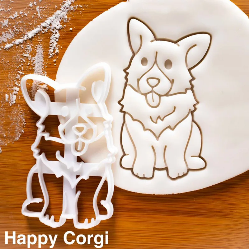 3 Pcs DIY Corgi Dog Shape Cookie Cutters Plastic 3D Cartoon Pressable Biscuit Mold Cookie Stamp Kitchen Baking Pastry Bakeware