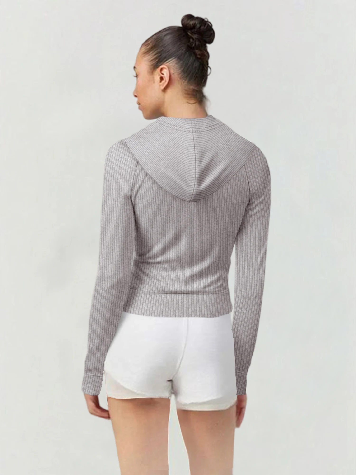Womens Long Sleeve Full Zip Hooded Top Ribbed Knit Drawstring Slim Cropped Cardigan