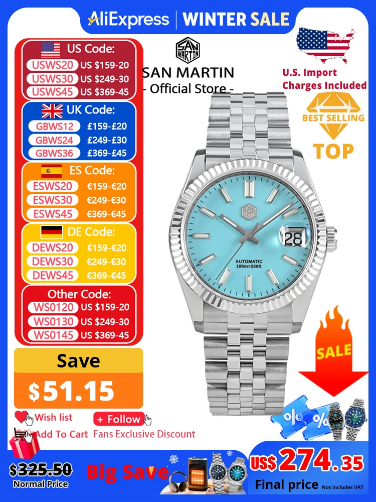 

San Martin 36.5mm Men Dress Watch Top Brand Luxury Automatic Mechanical Fashion Couples Watches Sapphire Waterproof 100m BGW9