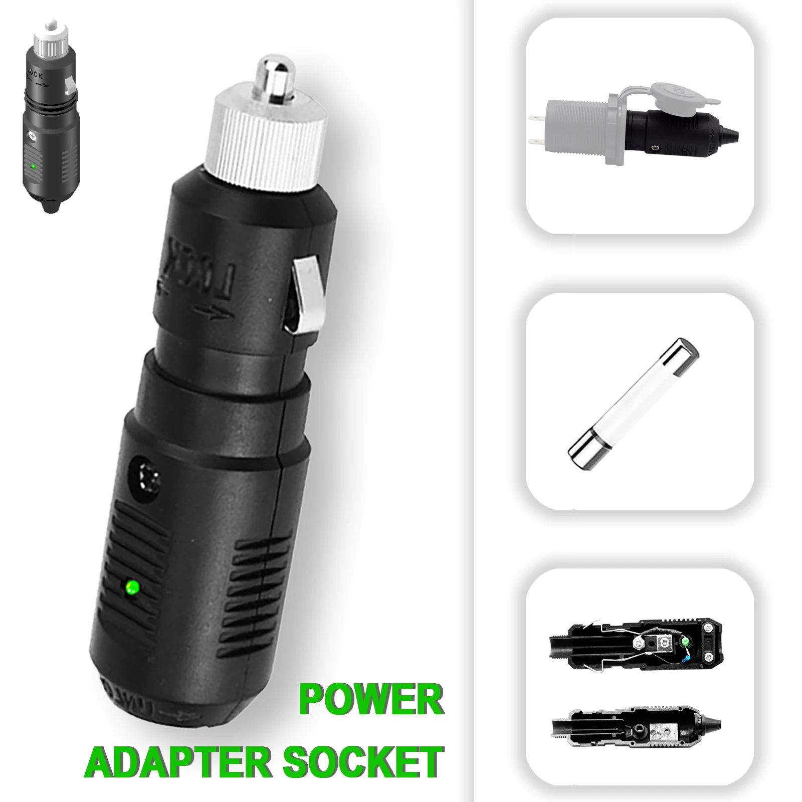 High Quality 12V 24V Auto Male Cigarette Lighter LED Socket Plug Connector Adapter 10A Fast-Blow Glass Fuse for Marine Truck RV