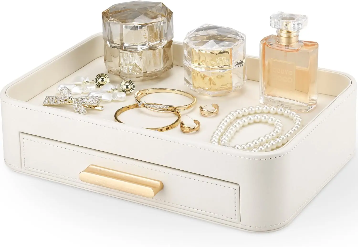 

Cream White PU Leather Valet Tray with Drawer, Jewelry & Key Organizer for Desk, Vanity, Entryway – EDC Gift for Men & Women