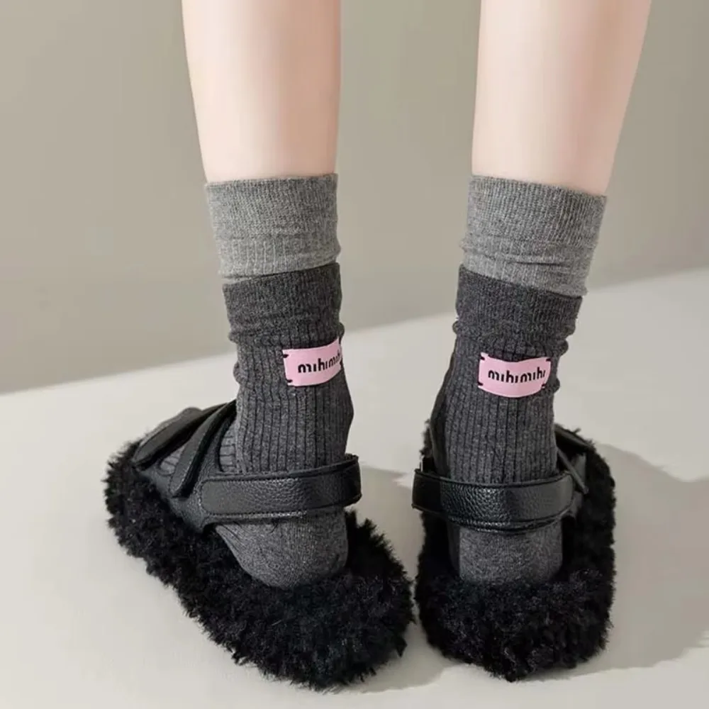 Soft Pink Label Mid-Tube Socks Solid Color Cotton Women Socks Keep Warm Snow Boot Socks Winter