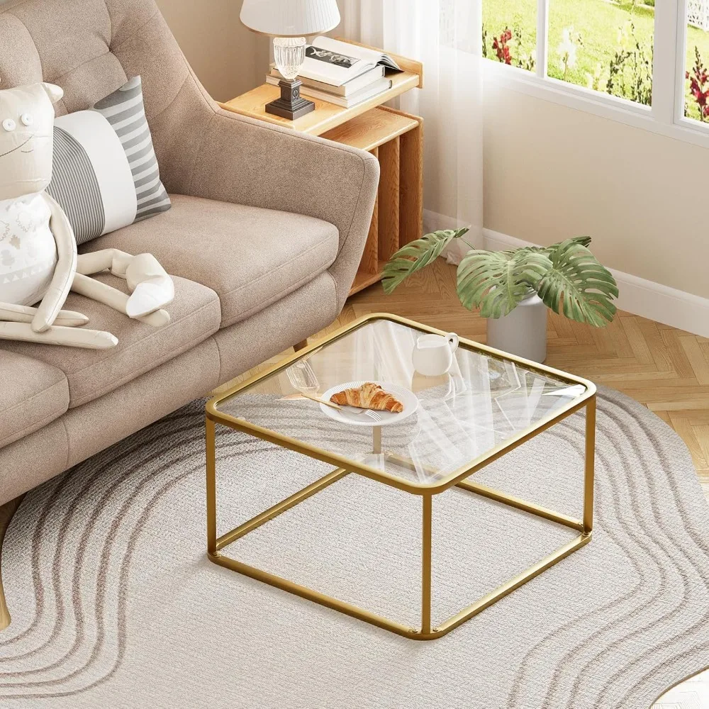 Moderner, minimalistischer, quadratischer Couchtisch aus Glas für Wohnzimmer und Büro, gehärtetes Glas, geeignet für kleine Räume