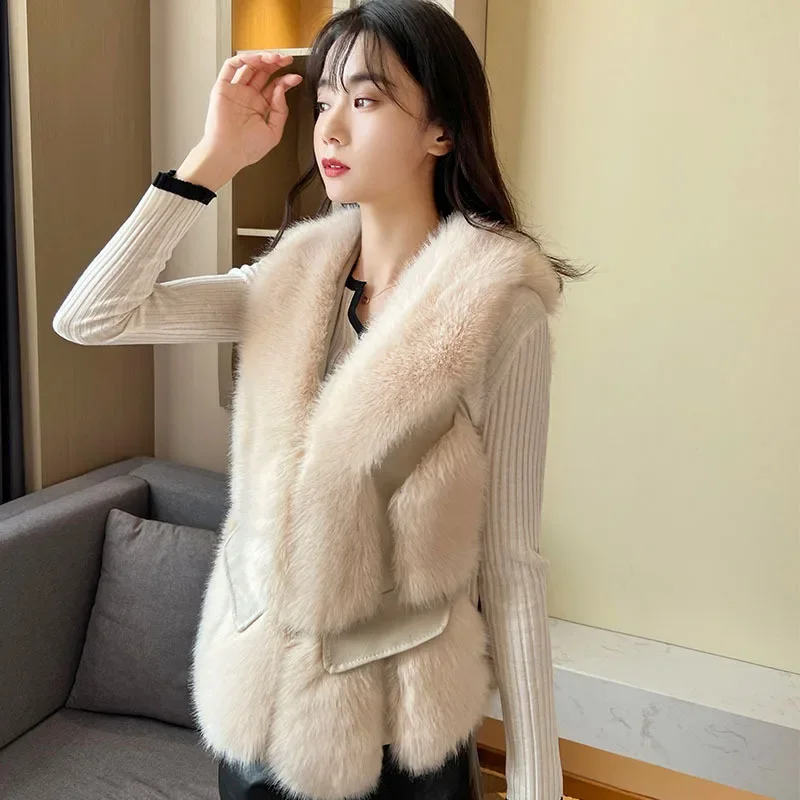 Women Waistcoat Cardigan Sleeveless Covered Button Outwear V Neck Solid Color Loose Casual Fashion Slim Fur High Street Autumn