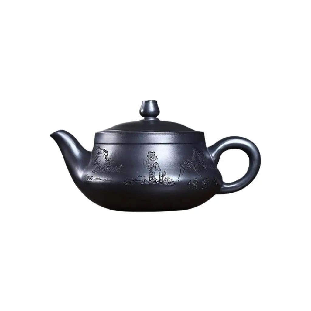 Yixing Zisha Original Mineral Yellow Carved Landscape Curved 300Ml Handmade Kung Fu Brewing Teapot Tea Set Gift