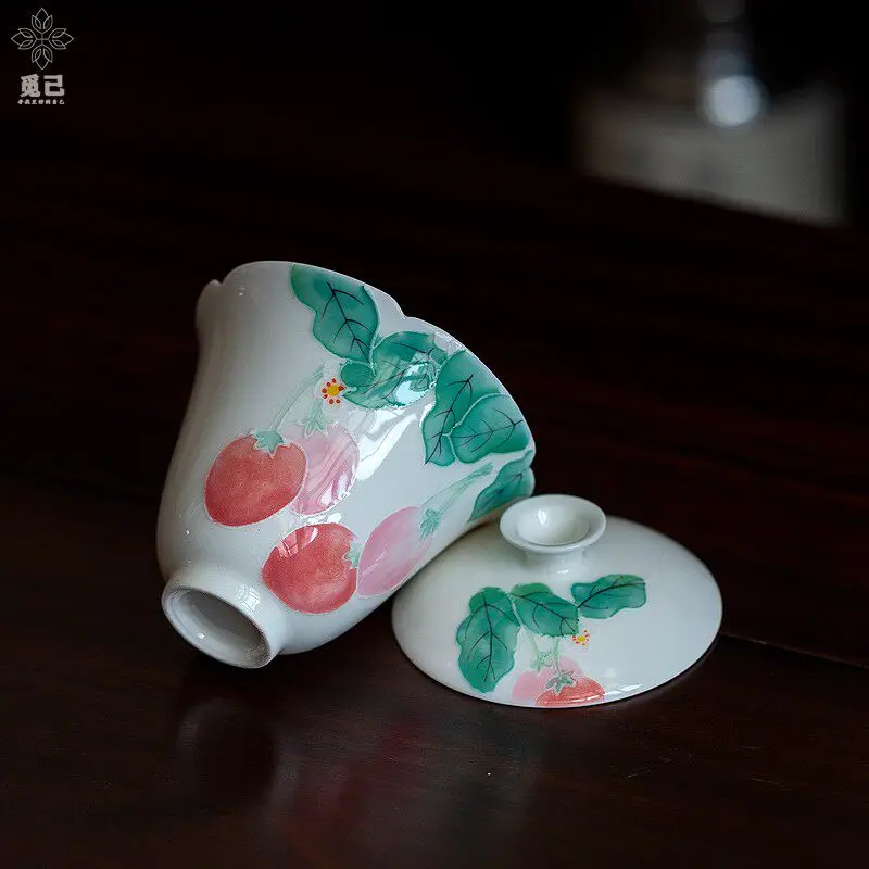 Underglaze Hand Painted Strawberry Two Piece Gaiwan, Ceramic Lidded Tea Bowl for Loose Leaf Tea and Daily Tea Rituals