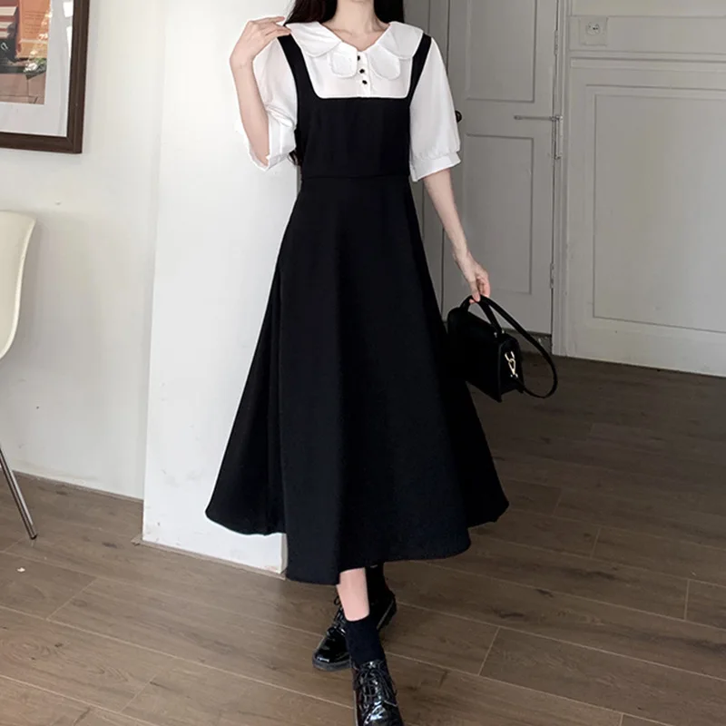 

Slimming A-Line Midi Dress Collar Slit Summer New Style Women's Fashion Short Sleeve Waist-Cinching Cold-Shoulder Dress