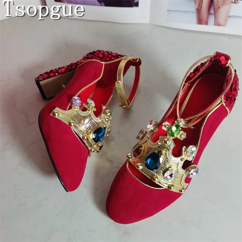 

Luxury Crown Gemstone High Heel Pumps for Women Round Toe Chunky Heel Pumps with Sequin Decor Fashion Wedding Party Dress Shoes