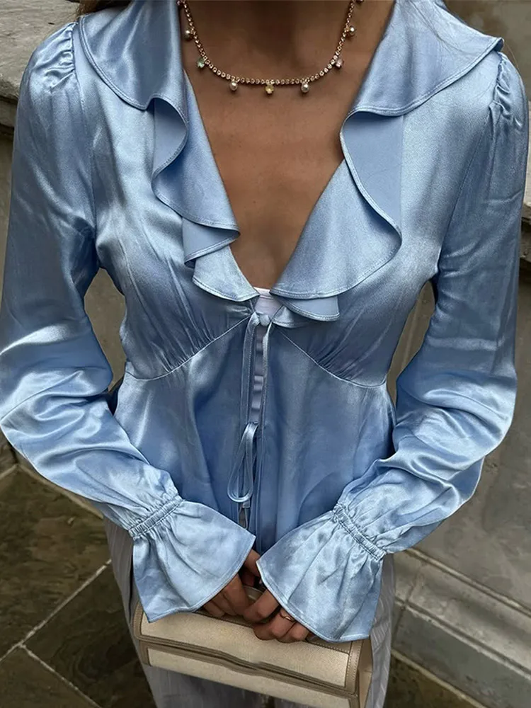 Bule Lace Oversized Chiffon Blouse Lapel Collar Women's Casual Long Sleeve Shirt 2025 Autumn High Street Fashion Pullovers