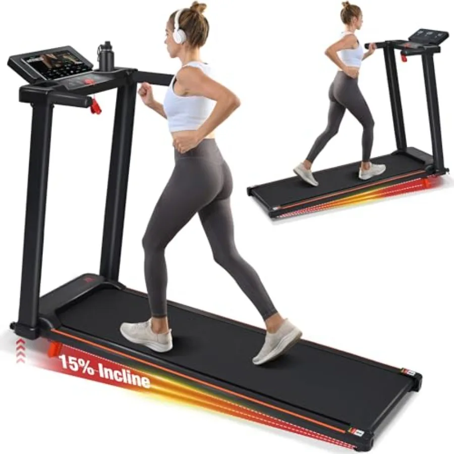 Home treadmill with incline: 3.0HP quiet foldable walking pad in black, featuring portable design, handle bar, and 300 LBS capa