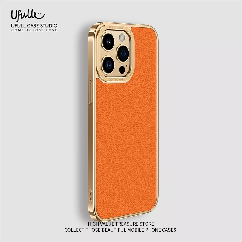 Luxury dermis Phone Case For iPhone 14 13 12 Pro Max 14Plus Samsung S22 S23Pro Ultra Genuine leather Electroplated border Cover