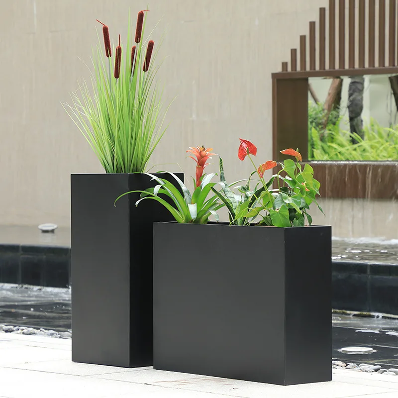 Modern simple outdoor flower box, wrought iron flower trough in the sales department of the community, green flower