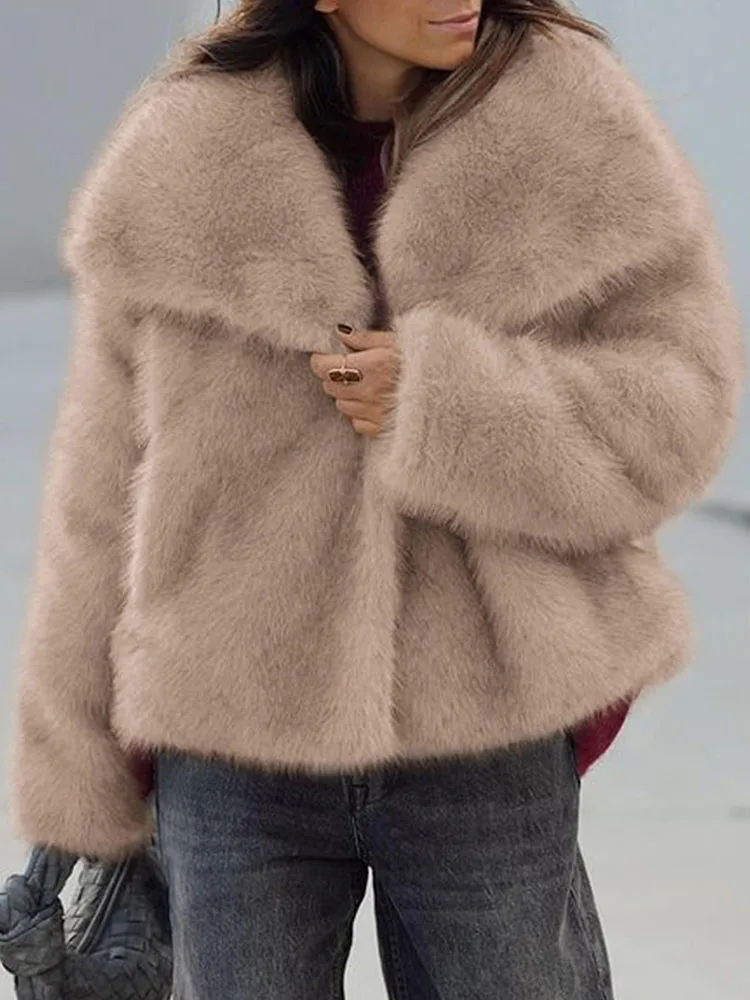 

Женское элегантное пальто из искусственного меха, теплое пушистое винтажное свободное пальто с длинными рукавами и лацканами, осенне-зимняя модная уличная женская верхняя одежда