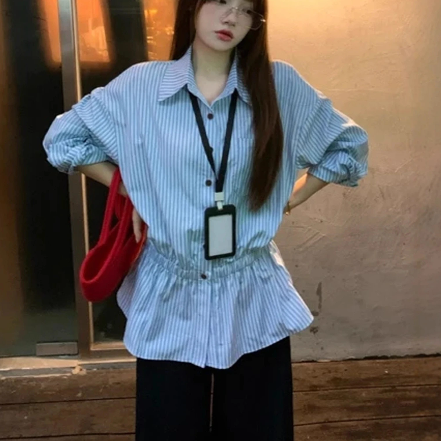 Women Shirts Striped Turn Down Collar Single Breasted Pocket Button High Waisted Mid Length Loose Casual Office Lady 2025 Autumn