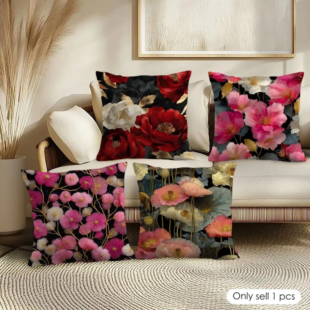 Elegant Botanical Flowers Cushion Cover Soft Short Plush Pillow Cover Smooth Cozy Texture Aesthetic Cushion Case Home Decor