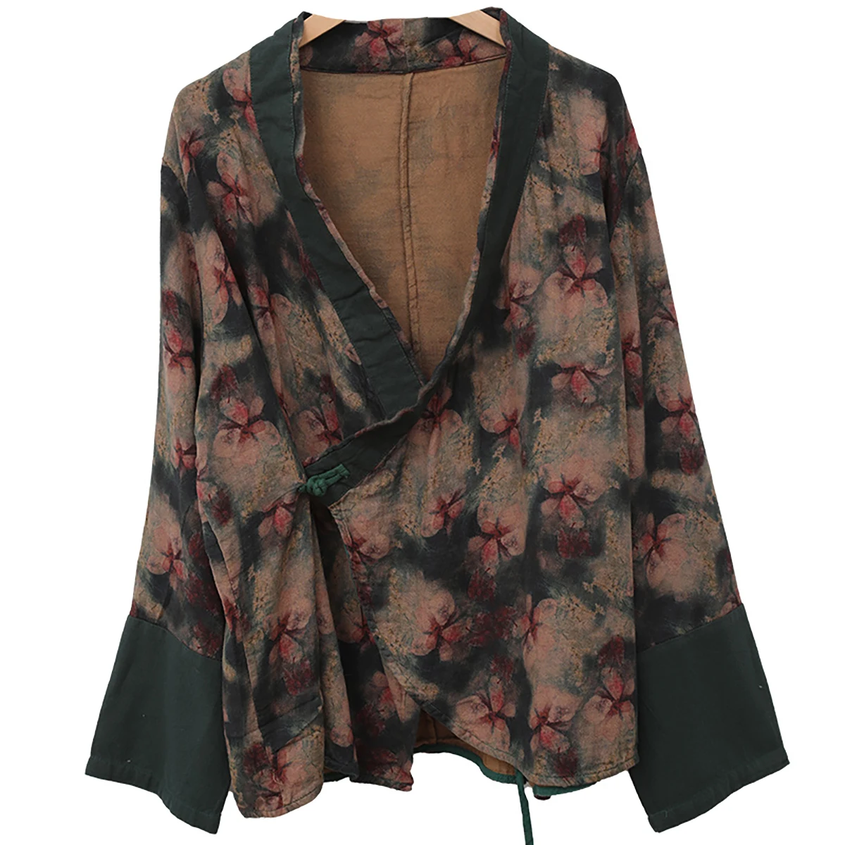 Camisa chinesa de algodão e linho de primavera LZJN com gola inclinada estilo Hanfu modificada, artística e suave, emagrecedora, blusa estampada