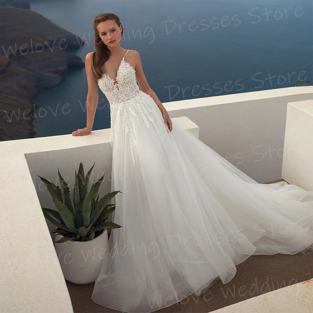 

Luxurious A Line Women's Wedding Dresses Modern Lace Appliques Bride Gowns Sexy Spaghetti Straps Backless Vestidos Novias Boda