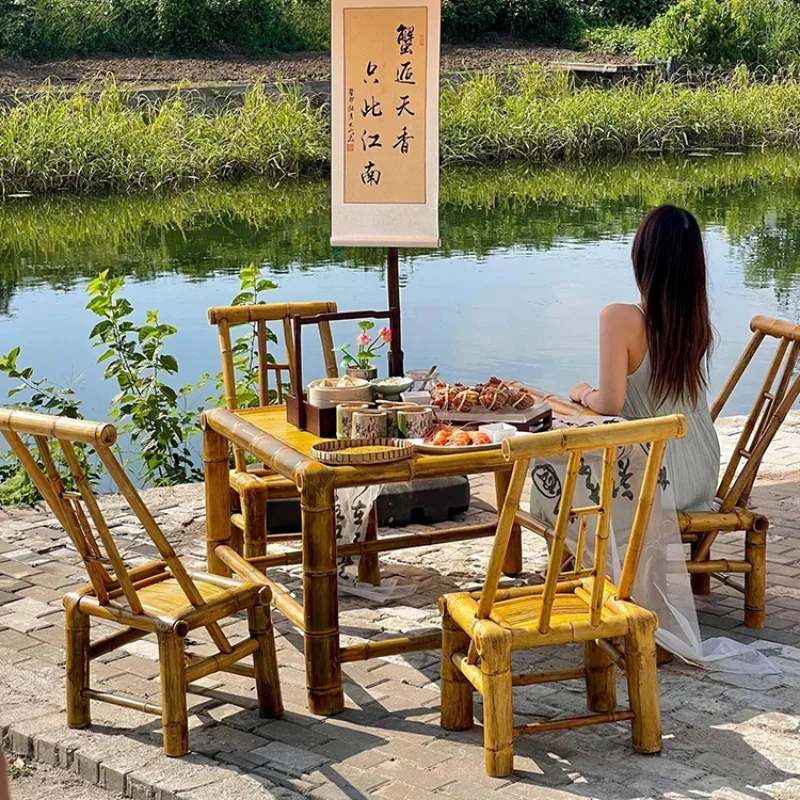 

Outdoor Courtyard Bamboo Table and Chair Combination Balcony Tea Stove Table and Chair