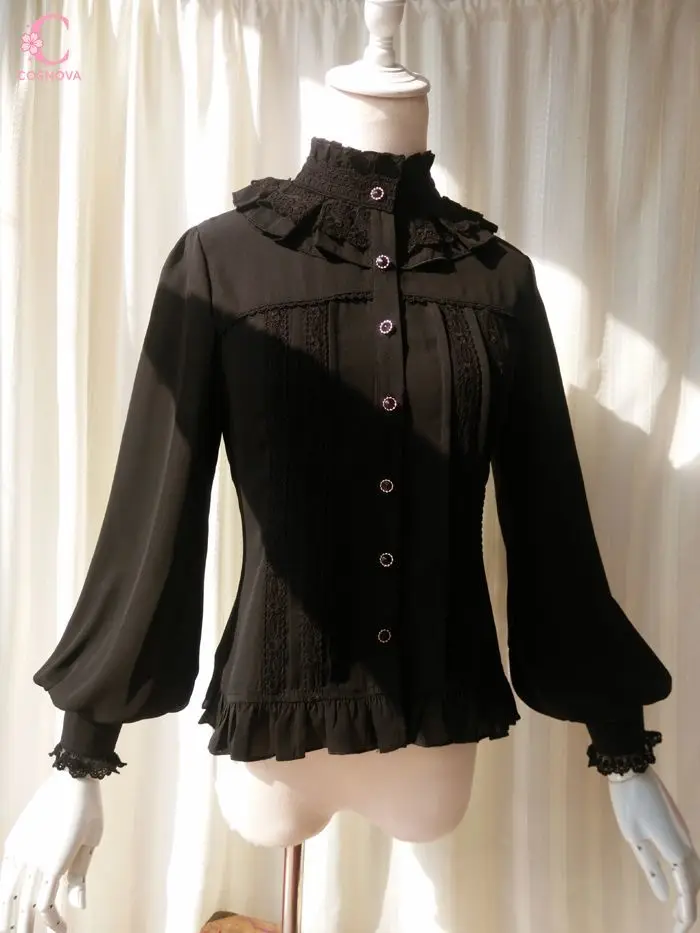 

Vintage Gothic Lolita Blouse Women Stand Collar Chiffon Lace Long Sleeve Princess Shirt Elegant Ruffle Classic Matching Tops