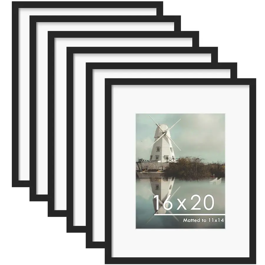 

16x20 Picture Frame Set of 6, Display Pictures 11 x 14 with Mat or 16 x 20 without Mat for Wall Mounting Display, Poster Frames