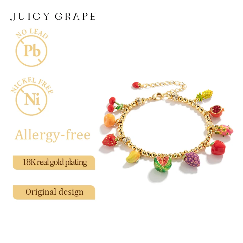 Juicy Grape Enamel Fruit Bracelet Strawberry/ Pineapple /Watermelon/Apple/Grape/ Orange Bracelet Plated with18K Real Gold Gifts