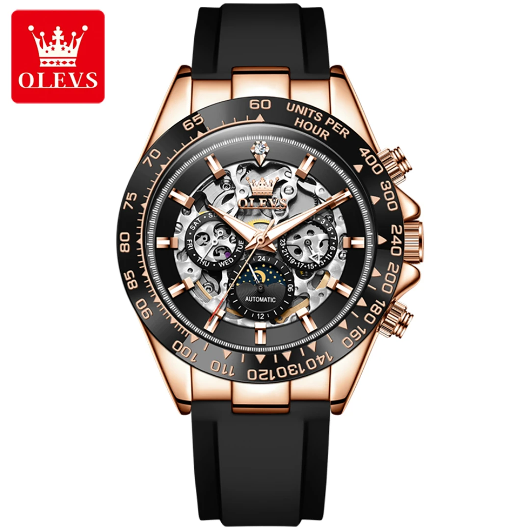 

OLEVS 6713, модные механические часы, подарок, силиконовый ремешок для часов, наручные часы с круглым циферблатом, светящийся календарь фазы Луны