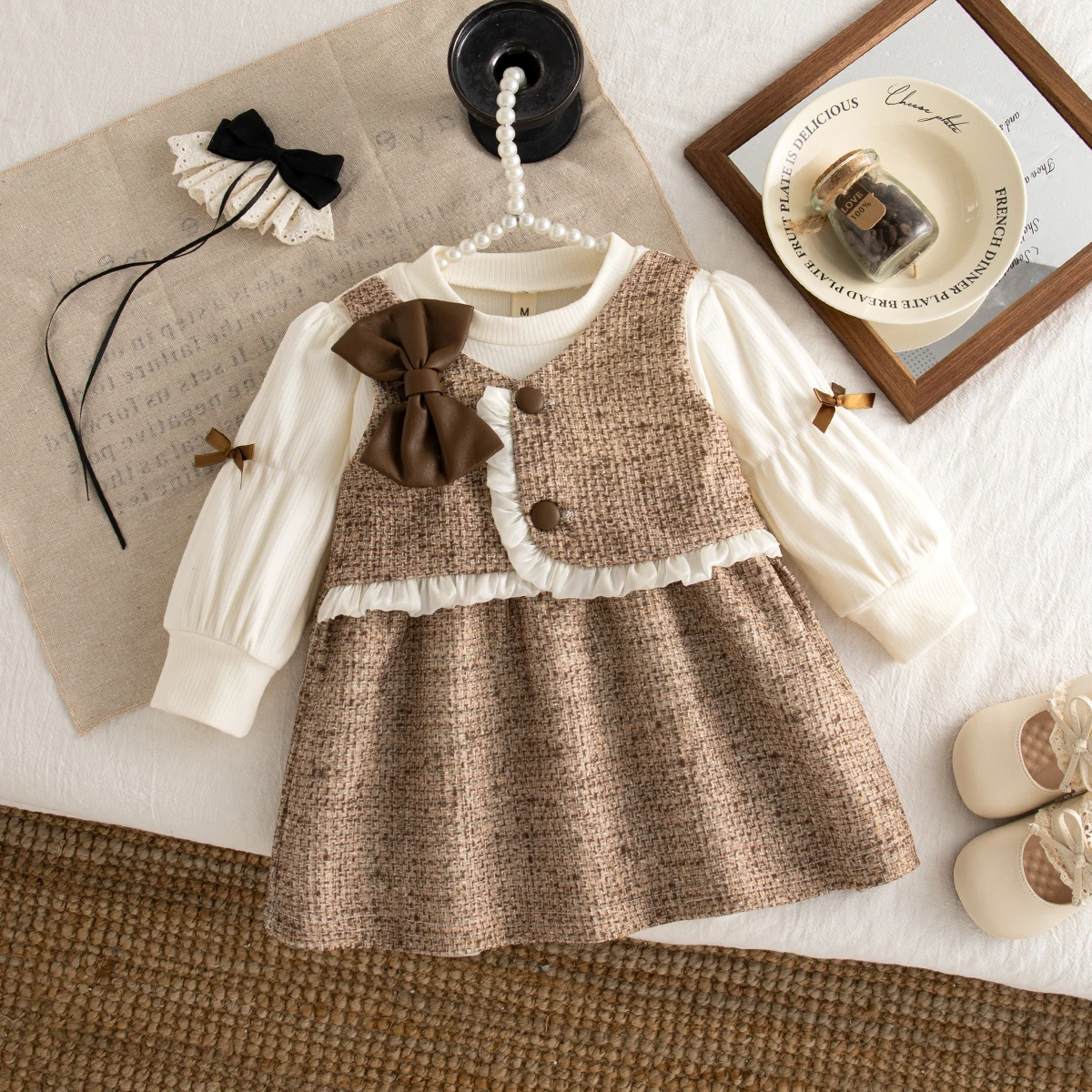 الفتيات مساء حزب زي ربيع الخريف الكورية نمط طفلة فستان مقوس دانتيل تصميم فستان أسود بأكمام طويلة 0-2 سنة