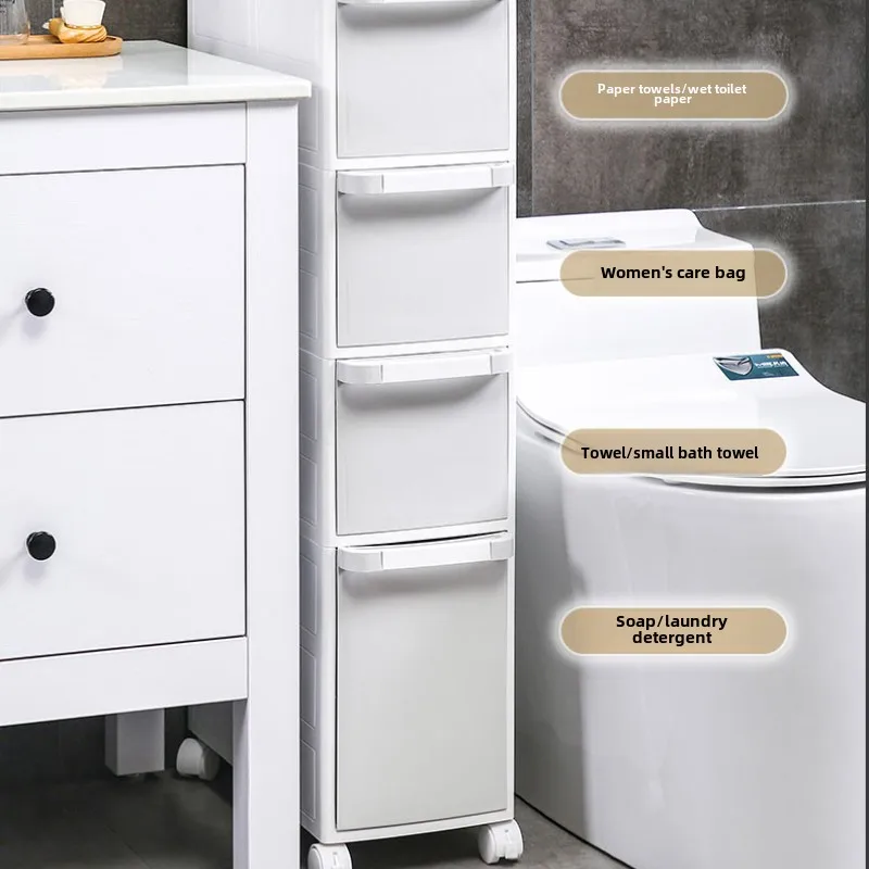 Narrow Gap Storage Cabinet for Bathroom, Drawer Organizer for Toiletries, Plastic Slim Shelf for Bathrooms, Compact Organizing