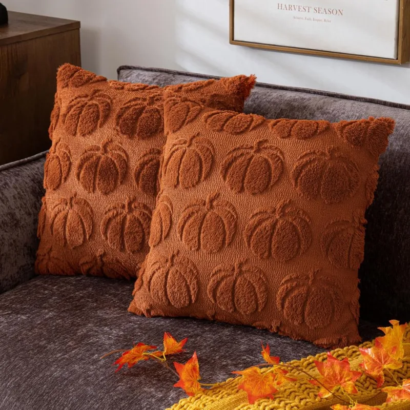 1 Uds. Fundas de almohada de otoño, decoraciones de otoño, fundas de almohada de calabaza naranja, funda de cojín de sofá de lana de piel sintética de felpa suave