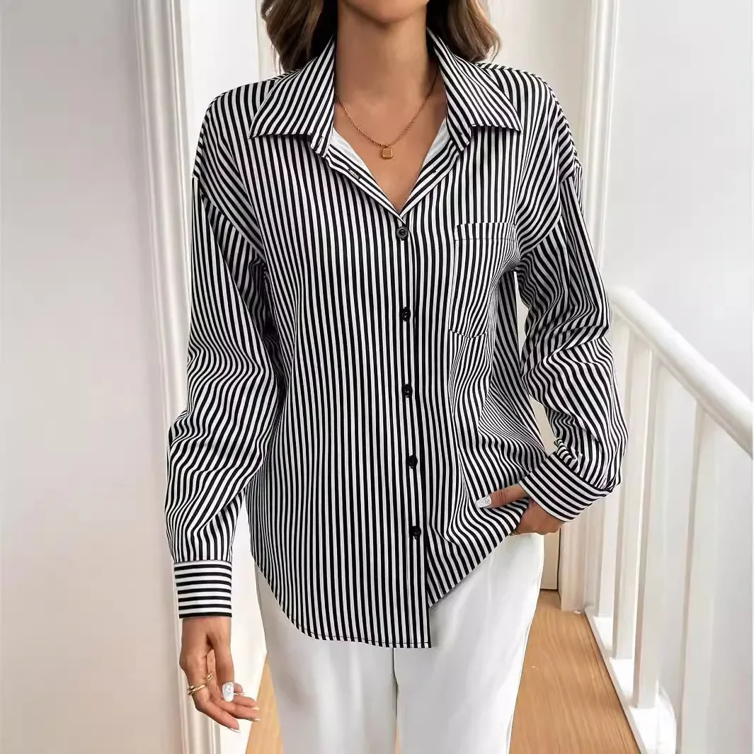 Elegant Women Tops Streetwear 2024 Autumn/Winter New Blouses Striped Printed Back Bow Front Button Long Sleeve Shirt for Female